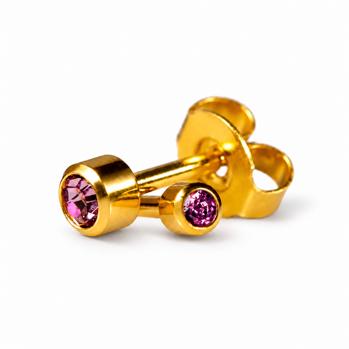 Caflon Mini Alexandrite 3mm stud earrings with purple stone, gold plated