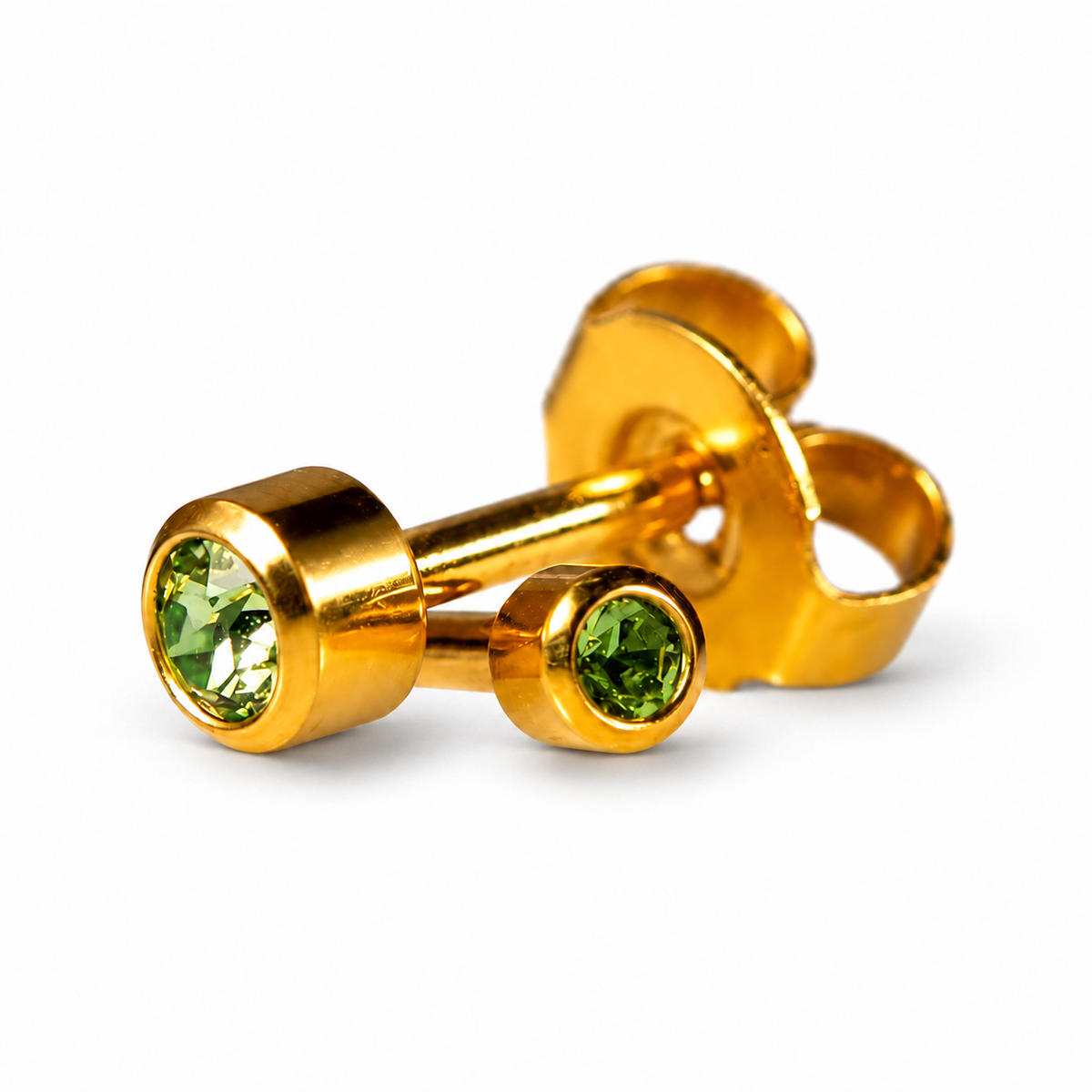 Caflon Mini Peridot 3mm stud earrings with green stone, gold plated