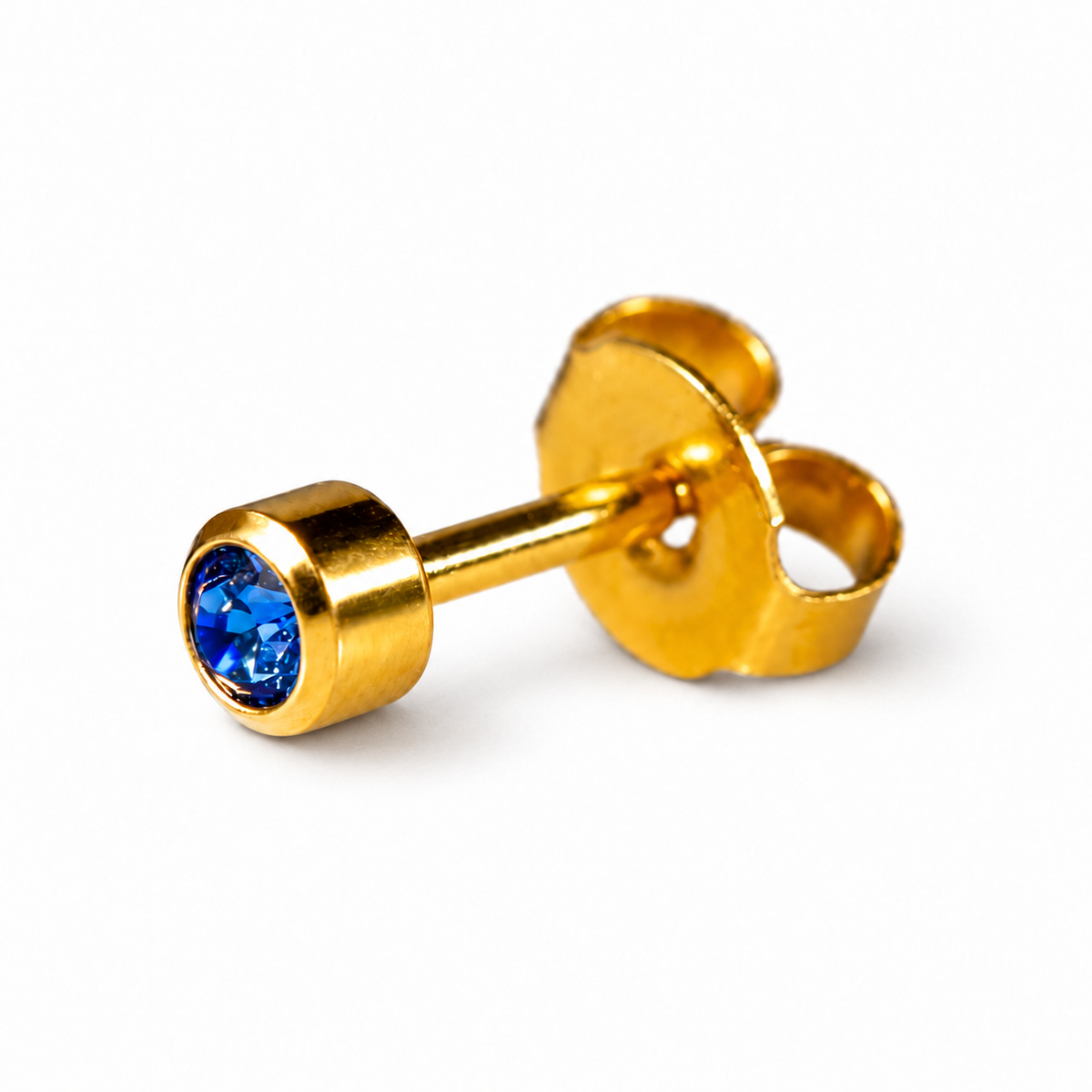 Caflon Sapphire 4mm stud earrings with blue stone, gold plated