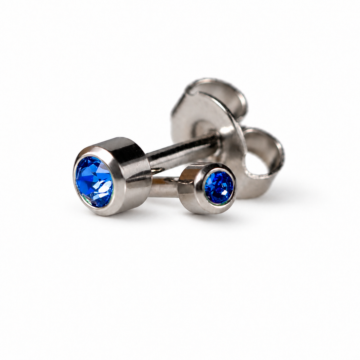 Caflon Mini Sapphire 3mm stud earrings with blue stone, stainless steel