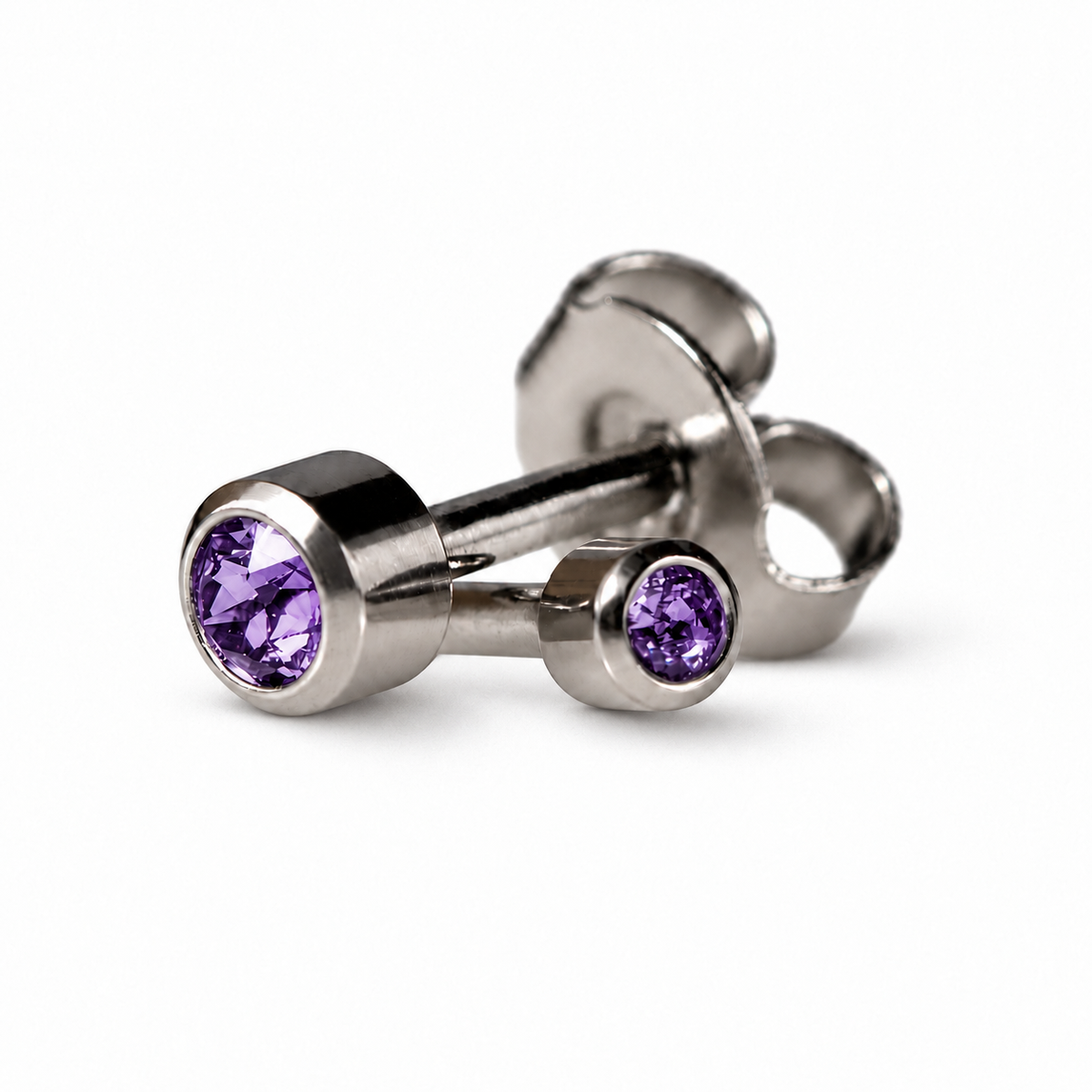 Caflon Mini Amethyst 3mm stud earrings with purple stone, stainless steel